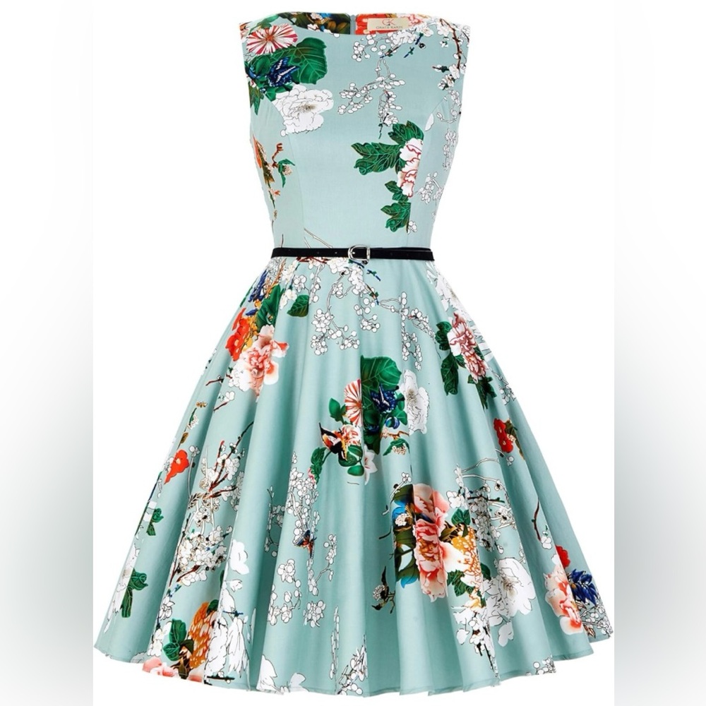 A-Line 60’s vintage style boatneck floral dress